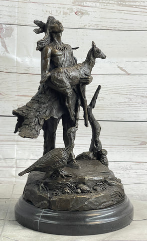 Native American Indian Shaman Holding Deer & Turkey Bronze Sculpture Statue