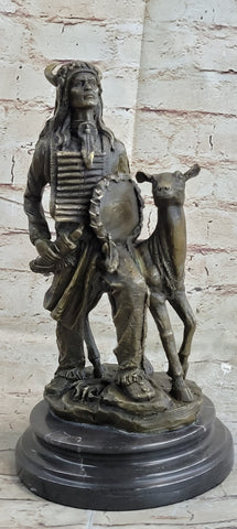 Native American Indian Shaman w/ Deer Bronze Statue Sculpture Figure 12" x 6.5"