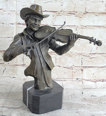 bronze sculpture of a country musician playing the fiddle