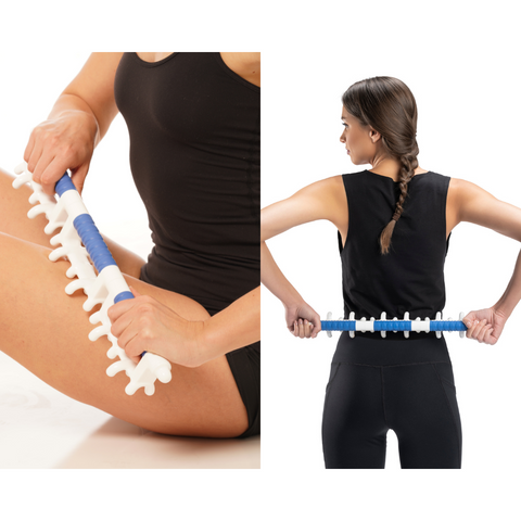 women using the full body koa massage tools on heir legs and lower back