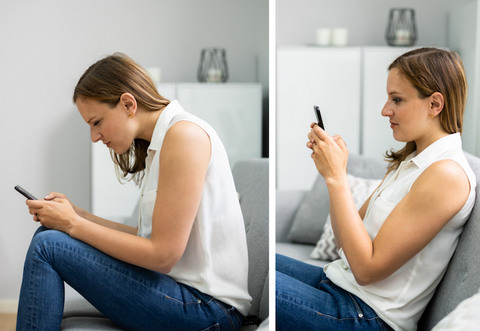 A woman sitting hunched over on her phone, and then sitting up straight with good posture