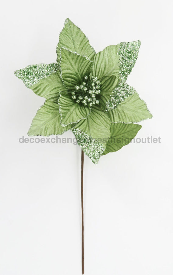 11" X 22" Glittered Beaded Velvet Poinsettia Stem Green Pea 51082-GP