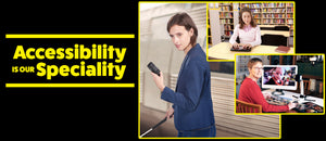 Images of a young teen using a braille notetaker, a senior using a Desktop Magnifier to look at pictures and a woman with a blindness mobility cane and a GPS device to navigate a train stations. The words "Accessibility is Our Specialty" sits beside.