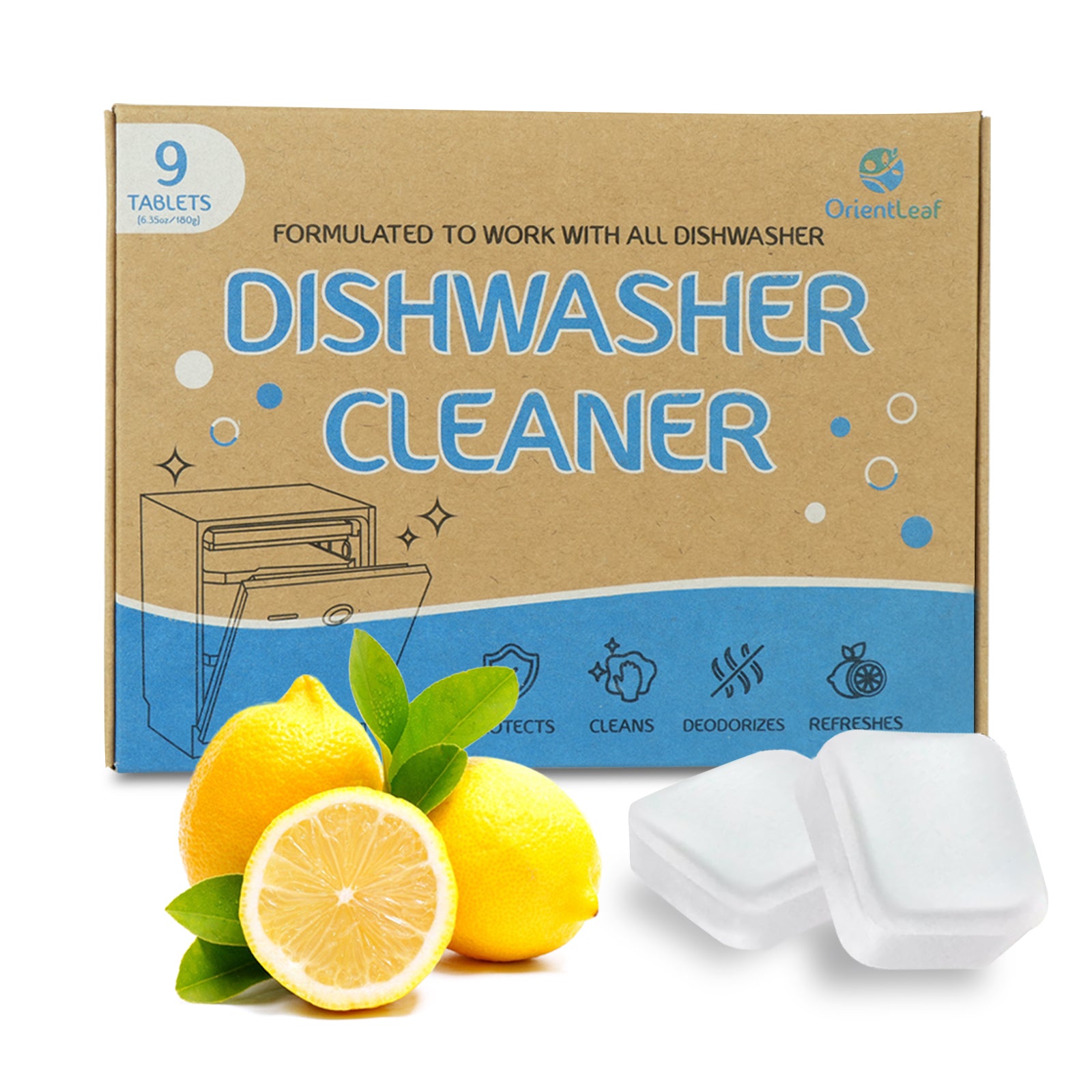 WM OrientLeaf Dishwasher Cleaner, Lemon Scent Descaler Dishwasher Cleaner Deodorizer Tablets for Grease, Dirt and Scale Removal for All Models, 20g × 9 Tablets