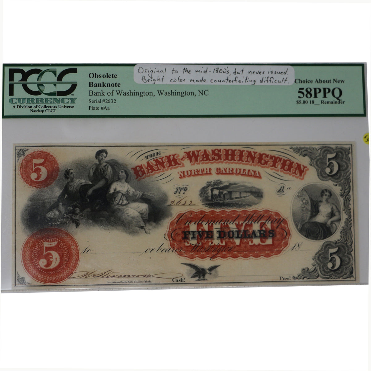 The Bank of Washington, NC. 5.00 Note — The Shops at