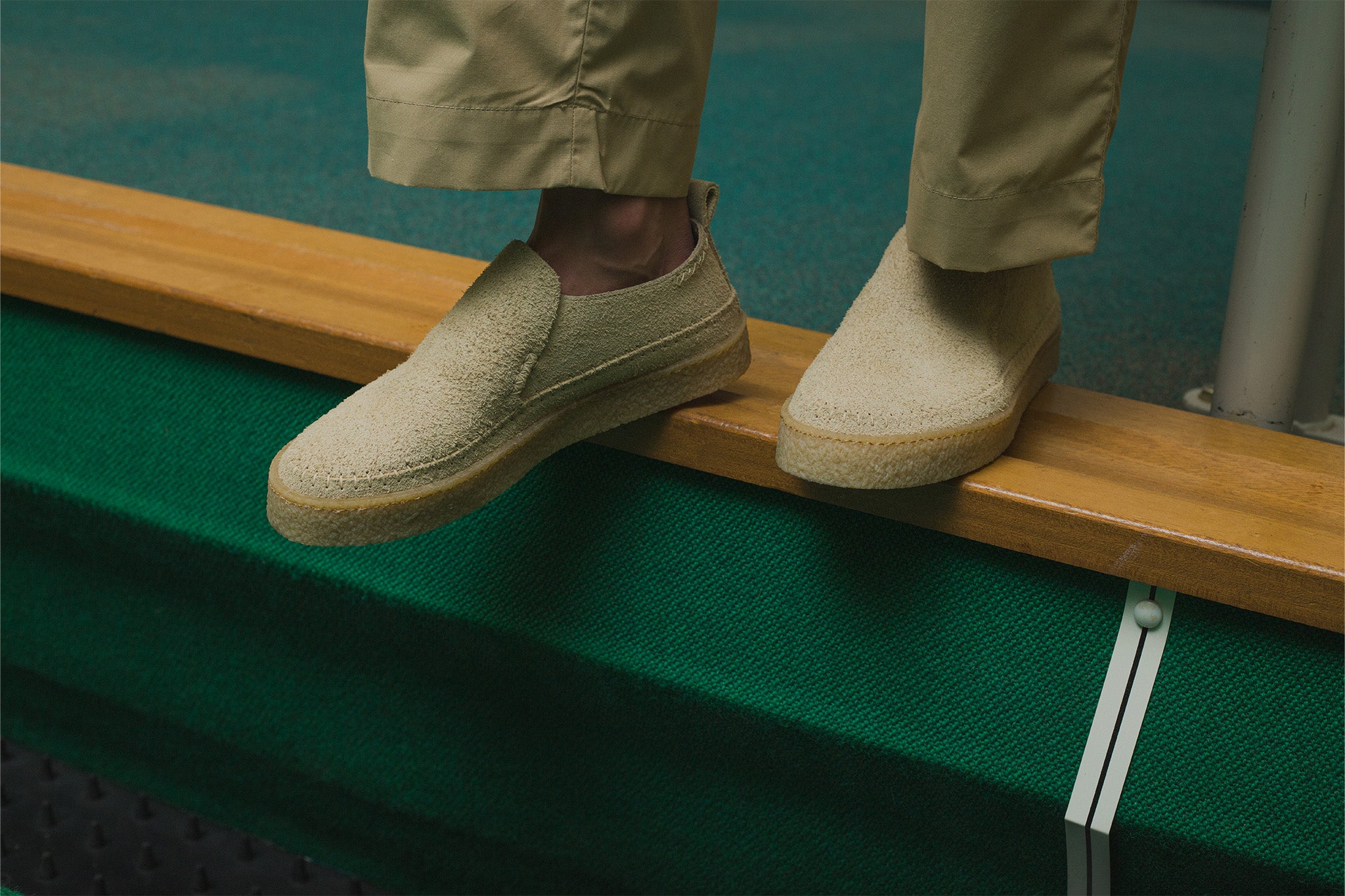 A close up photo of the Yogi Hitch Loafer in Sand Suede from the latest Yogi and Universal Works collaborative project.