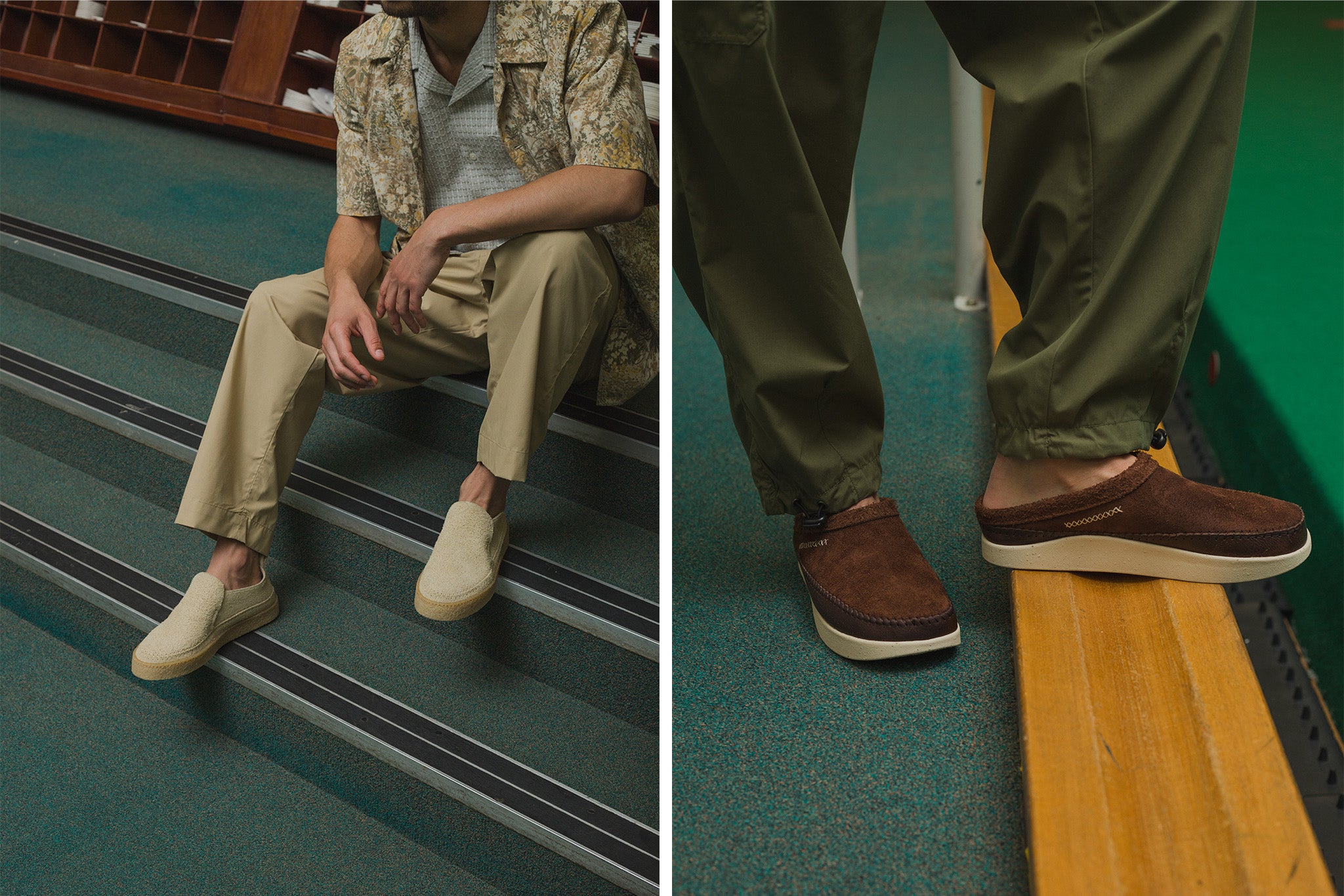 Two closeup photos of shoes form the latest Yogi and Universal Works collaborative project. Left is the Hitch loafer in Sand suede; right is the Floyd II Mule in dark brown suede