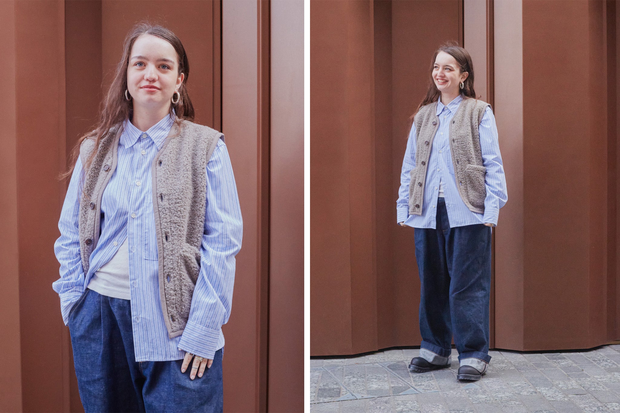 Female member of the Universal Works stood in Coal Drops Yard wearing Universal Works Spring Summer 2024 collection.