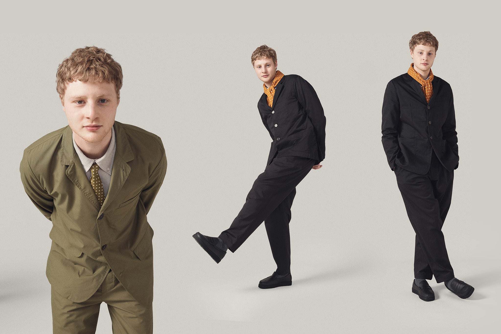 Images of model wearing two different "suiting" looks from Universal Work's Twill Collection and Spring Summer 24 Collection