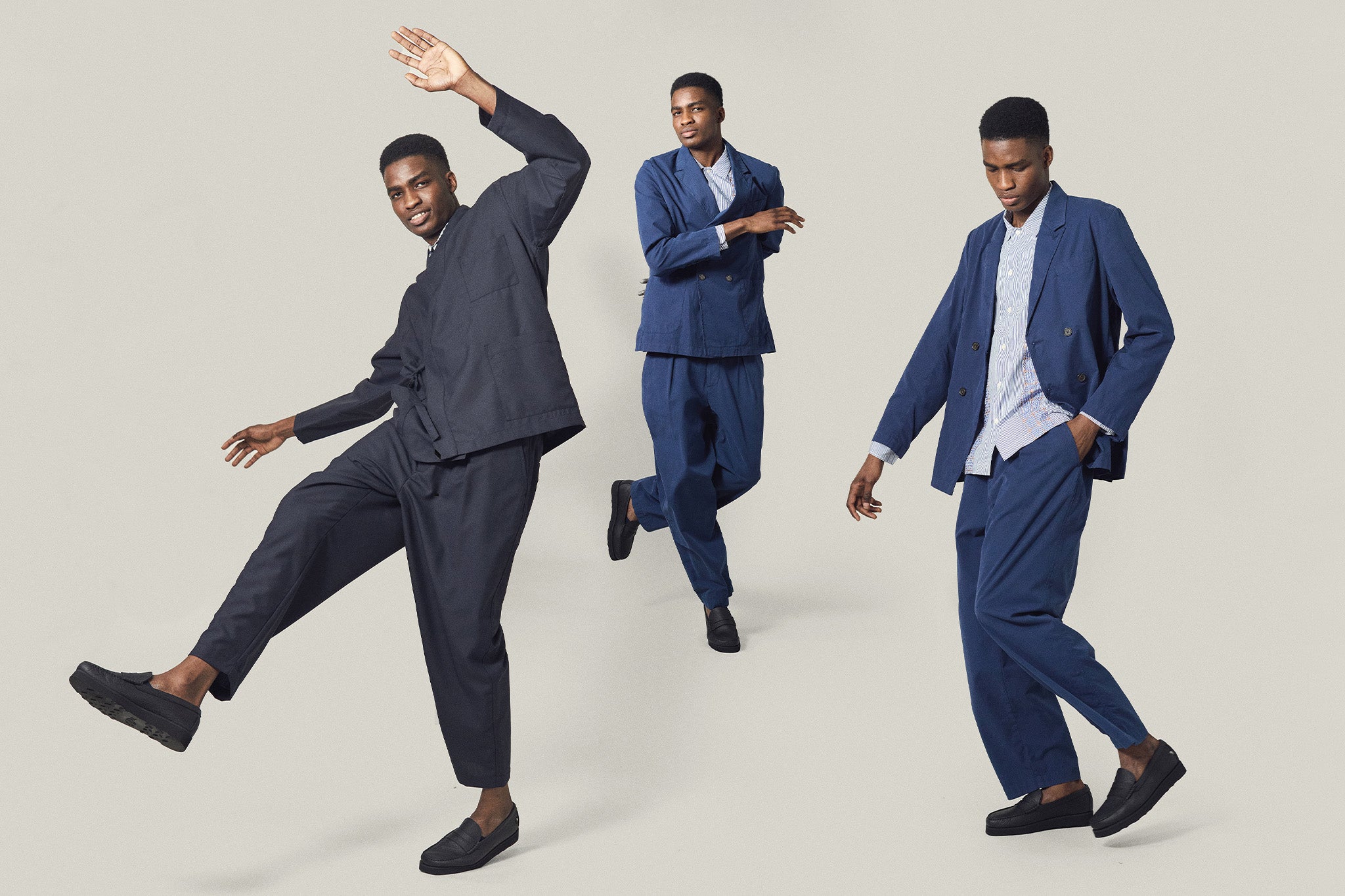 Model wearing "suiting" looks consisting of pieces from Universal Works Spring Summer 24 Collection.