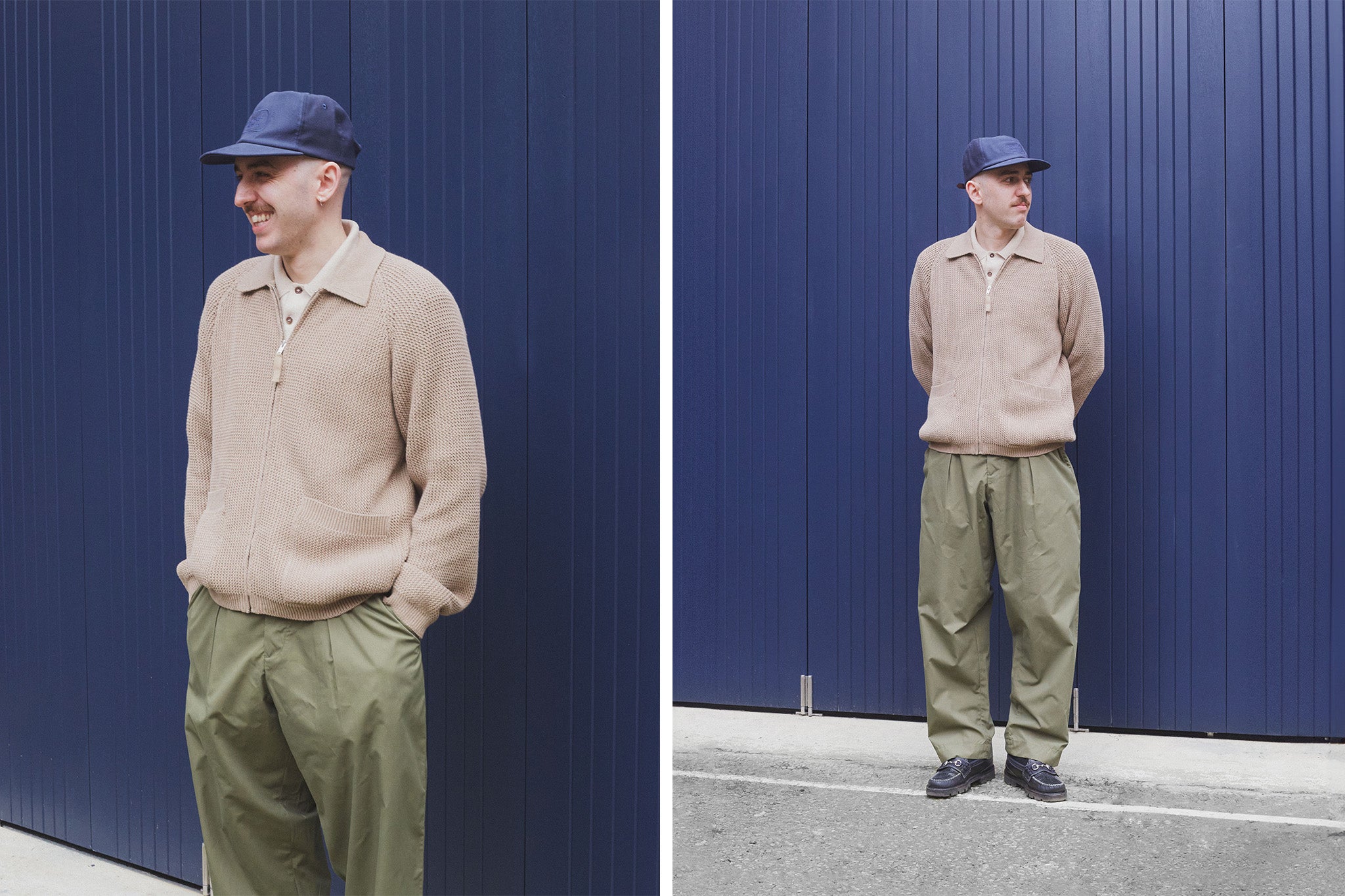 A man stood in front of a blue wall wearing a tonal outfit in different shades of khaki all from the latest Universal Works Spring Summer 24 collection