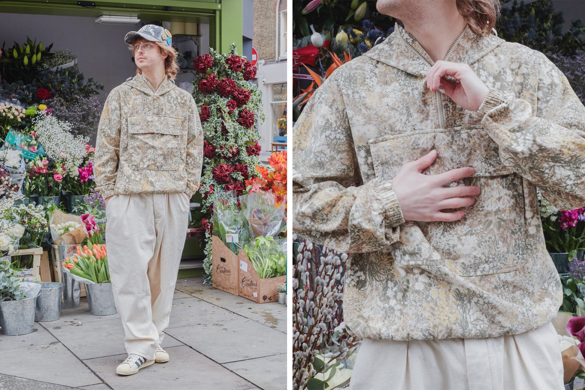 Stylish man stood in front of a flower stand in Soho in London, wearing Universal Works Spring Summer 24 collection.