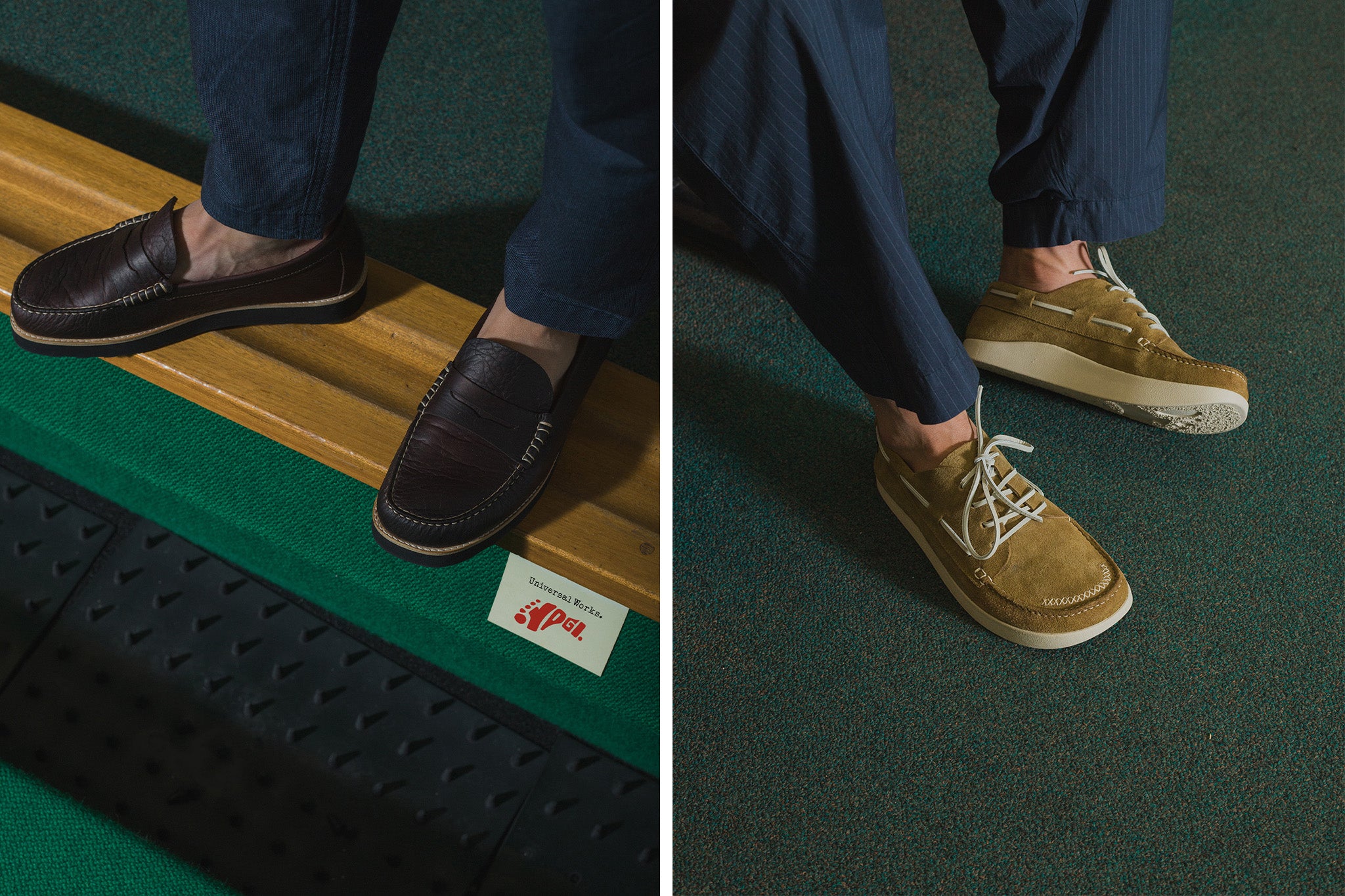 Two photos of the latest collaborative project shoes from Yogi and Universal Works side by side. Left is the Rudy II Loafer in dark brown leather; right is the Olson Boat shoe in a sand suede