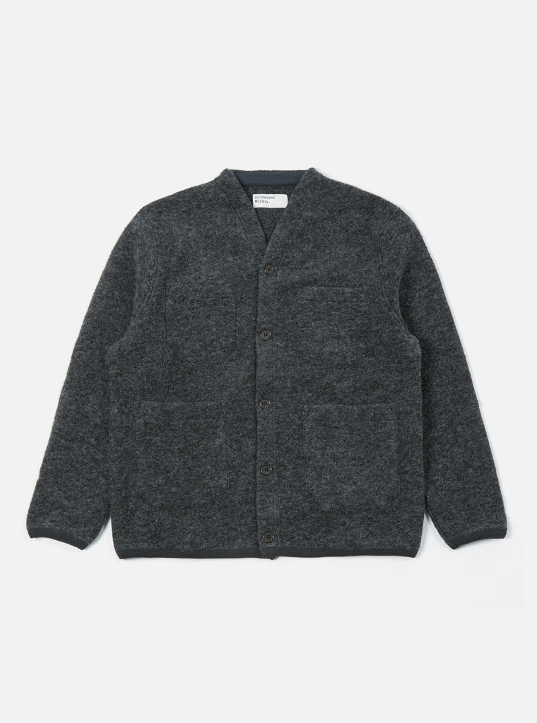 Universal Works Cardigan in Charcoal Wool Fleece