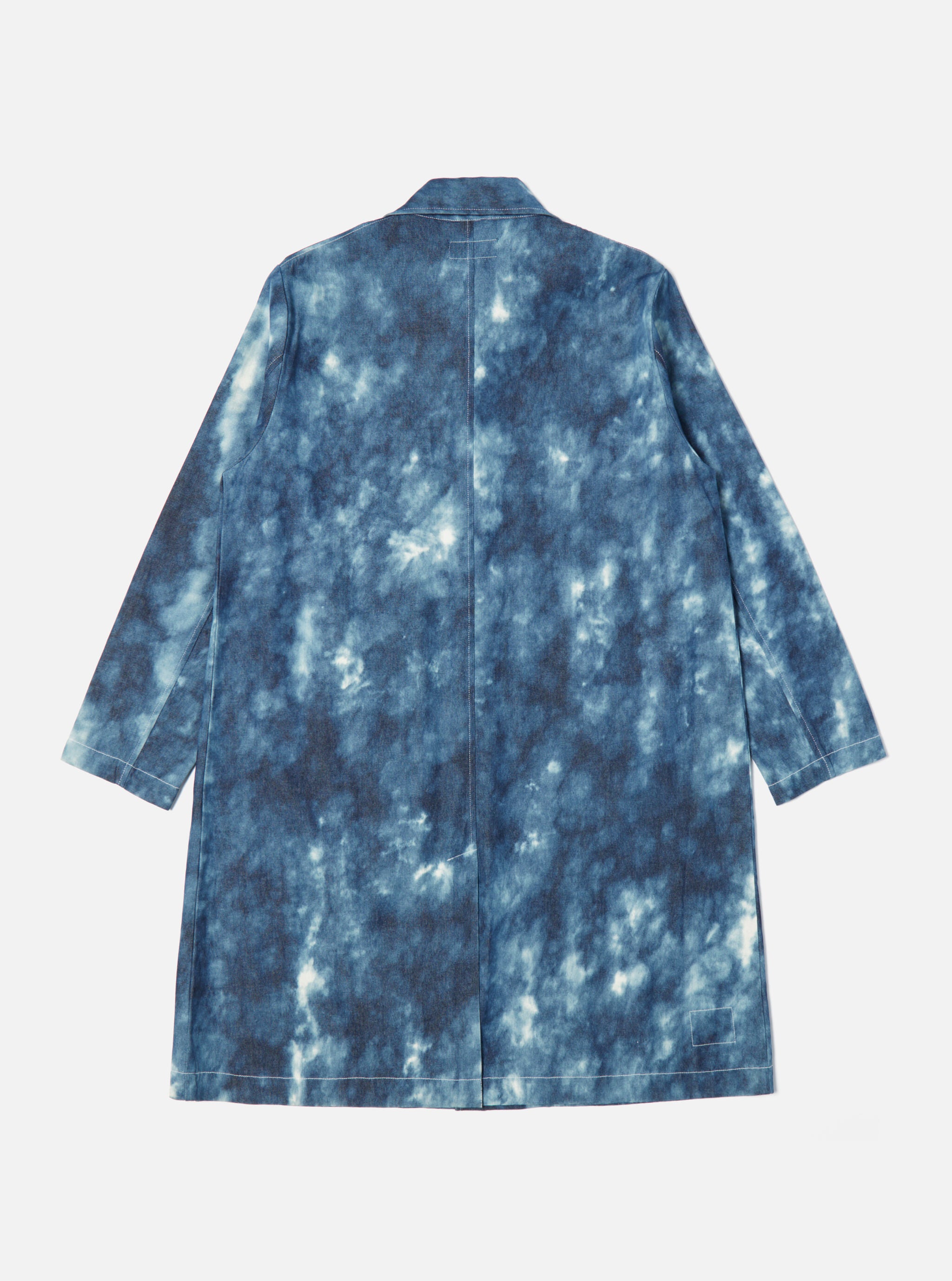 Universal Works Long Swing Coat In Indigo Cloud Denim