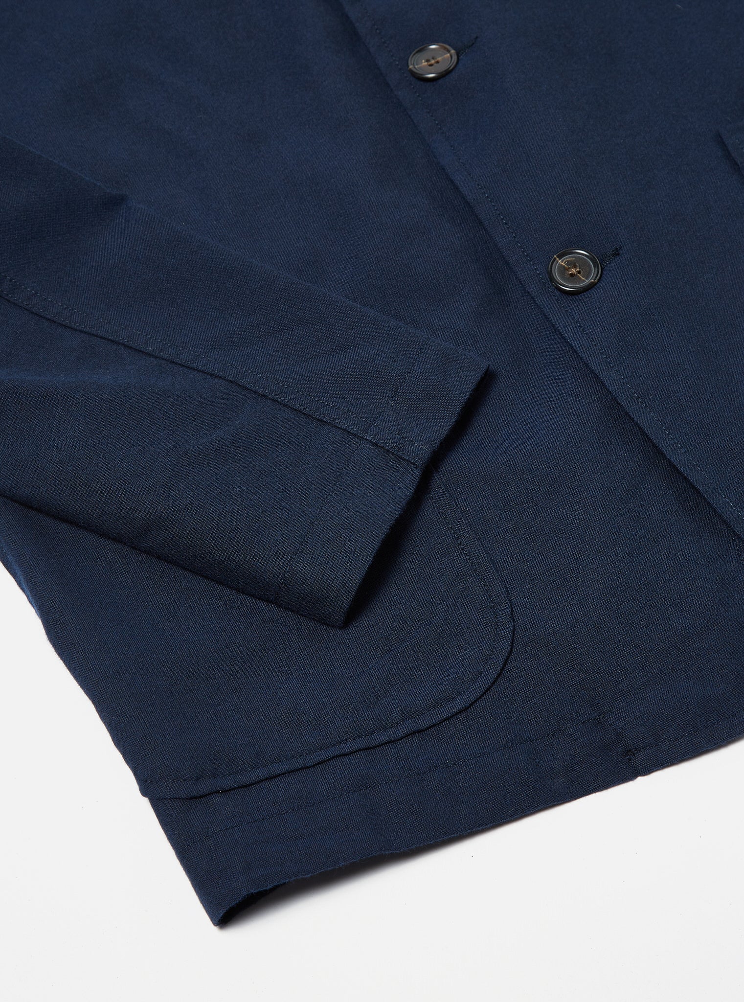 Universal Works Three Button Jacket in Navy Cotton Mix Suiting