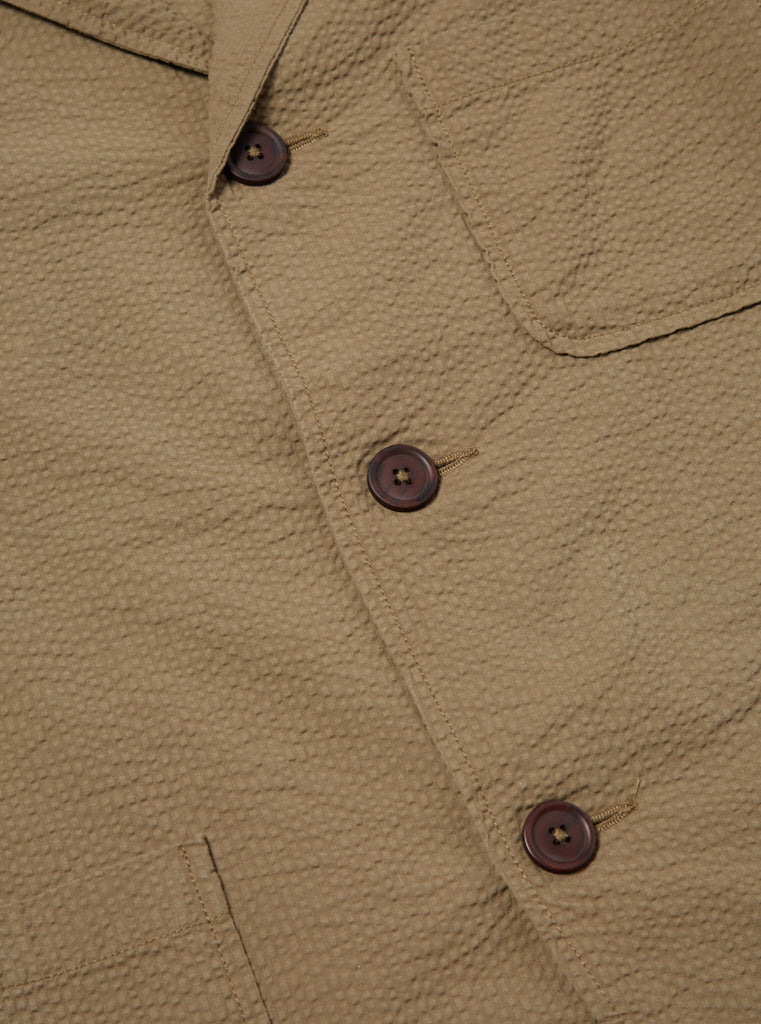 Universal Works Three Button Jacket in Olive Cotton Seersucker