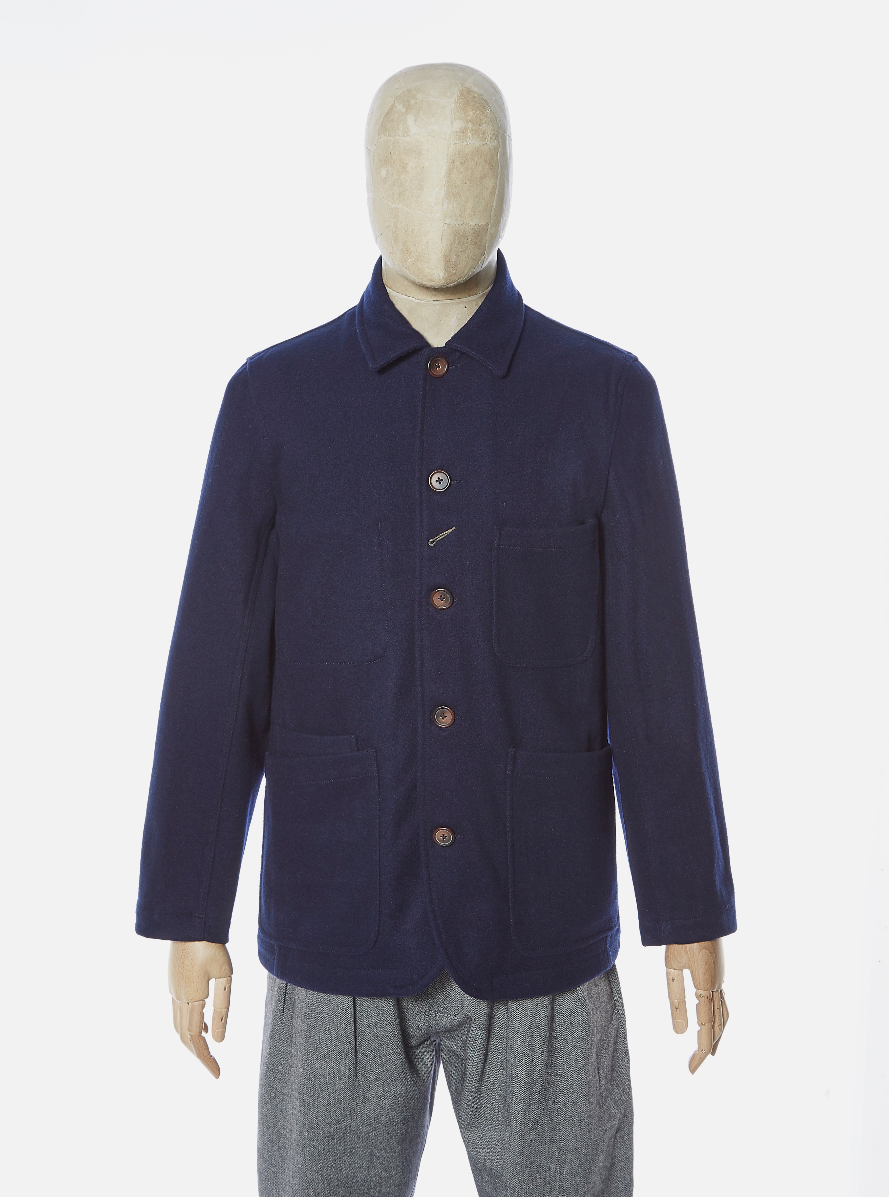 Universal Works Long Bakers Jacket in Navy Mowbray