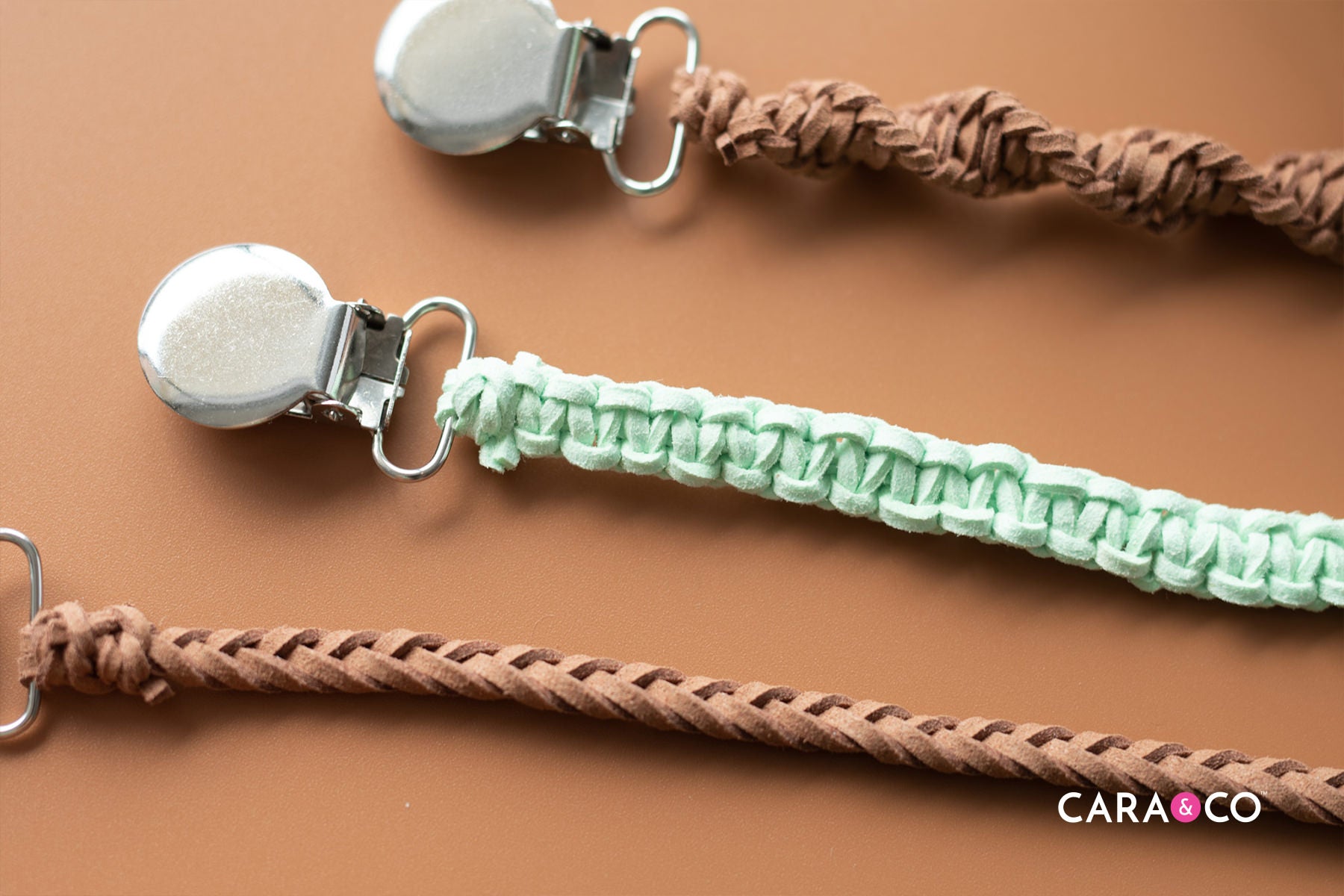Simple suede leather pacifier clip designs and tutorials - Cara & Co