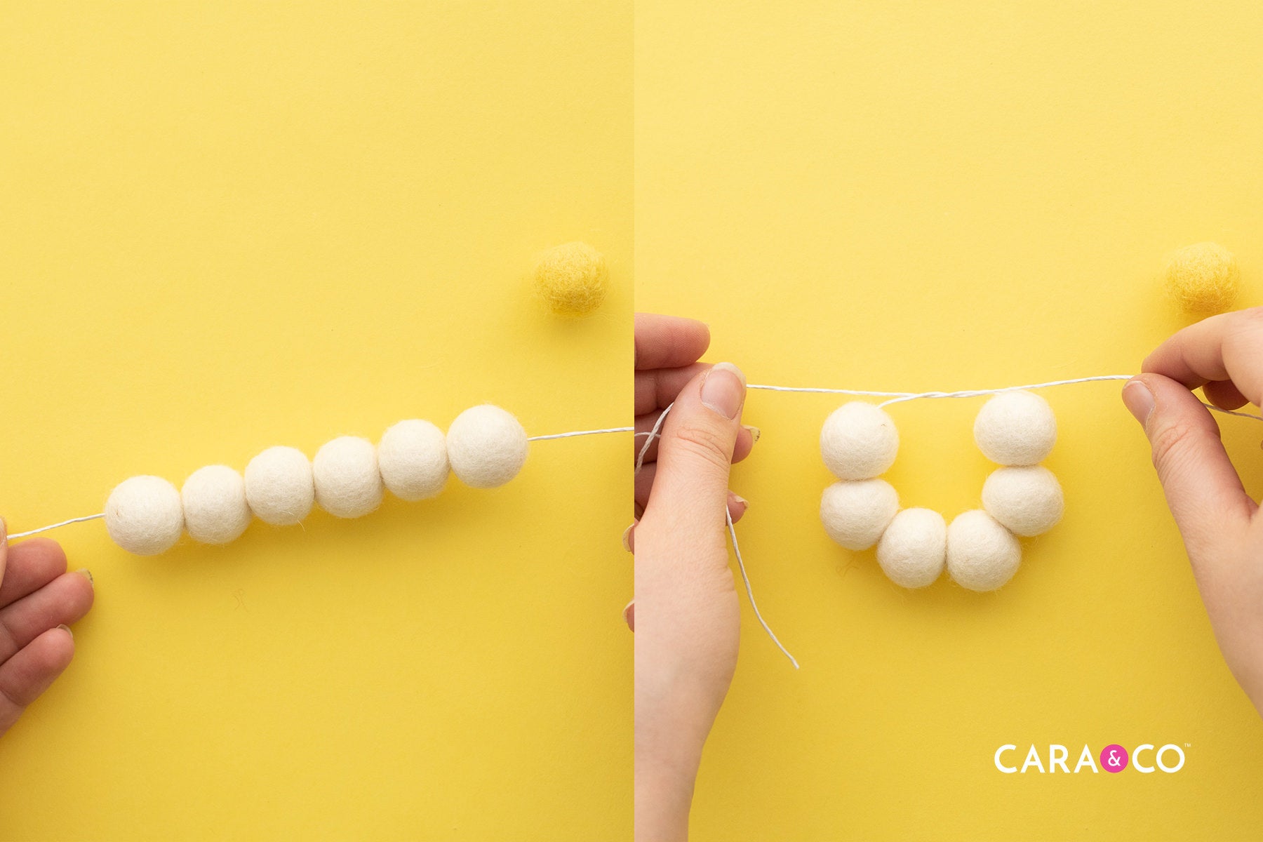 Center the felt balls on the cord and tie them together into a circle - Tutorial - Cara & Co