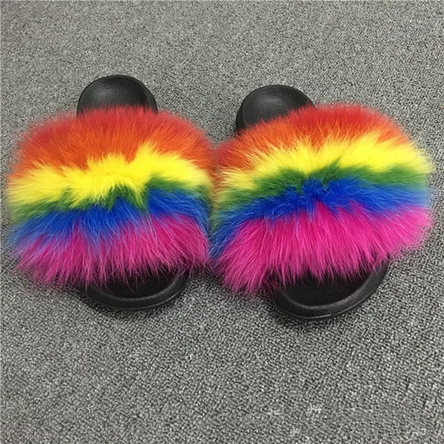 multicolor fur slides