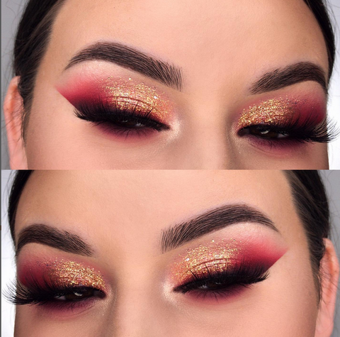 model wearing a red and gold glittery eye look