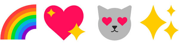 emojis de arco iris, corazón, gato, estrella
