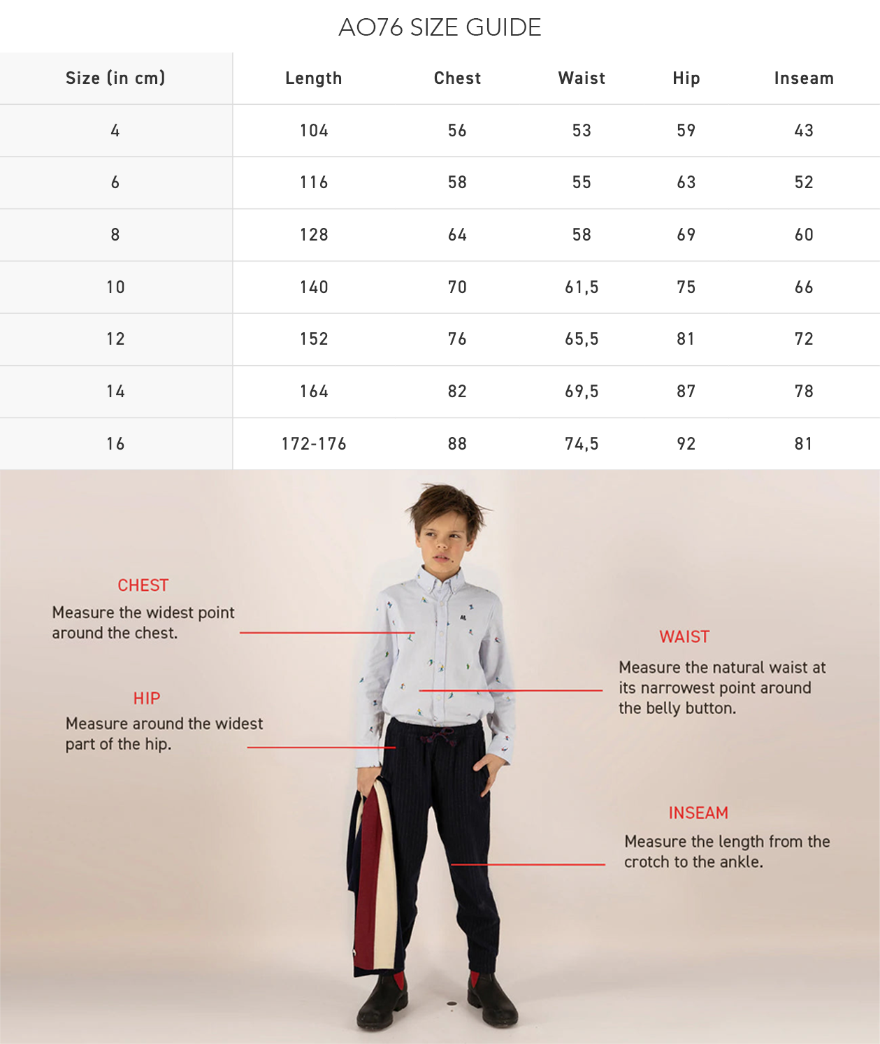 AO76 boys size guide