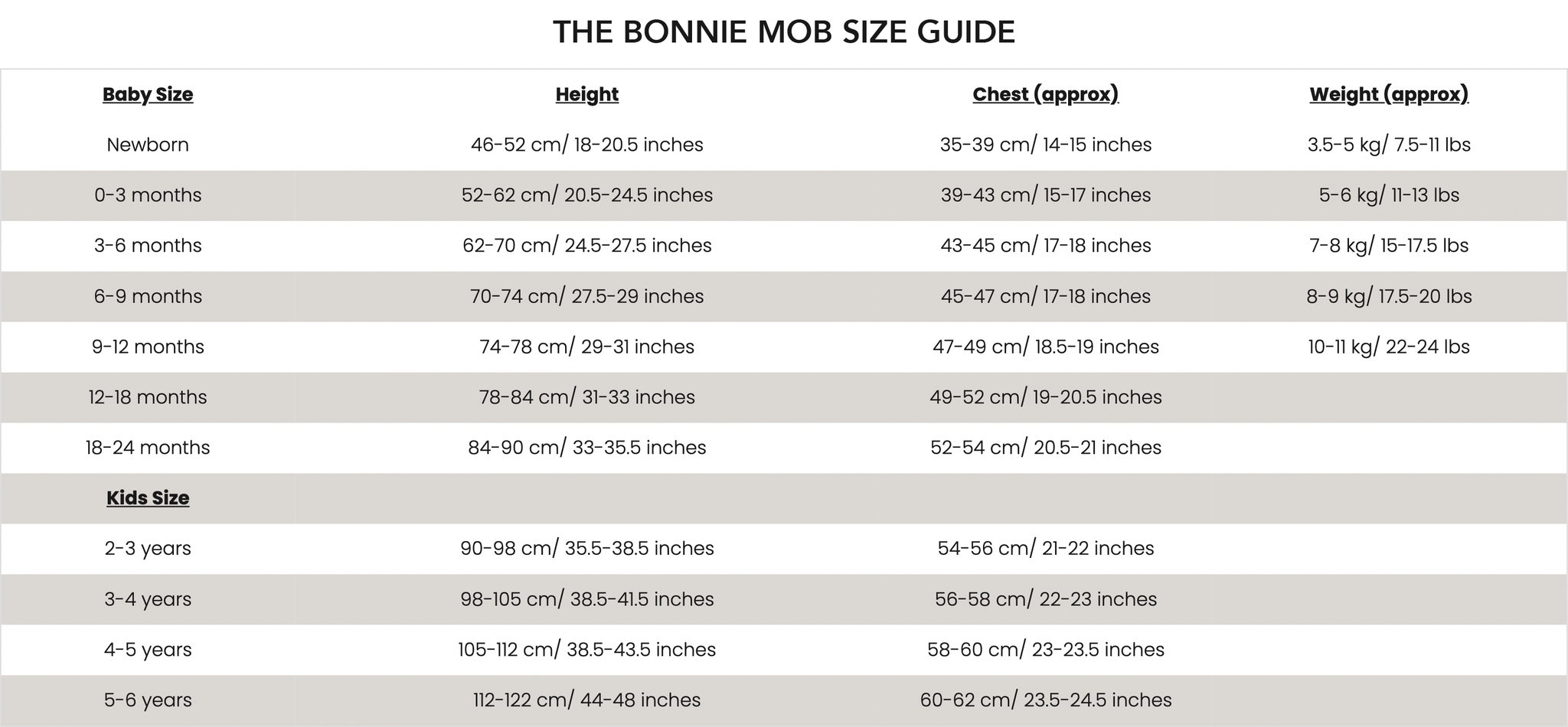 The Bonnie Mob size guide