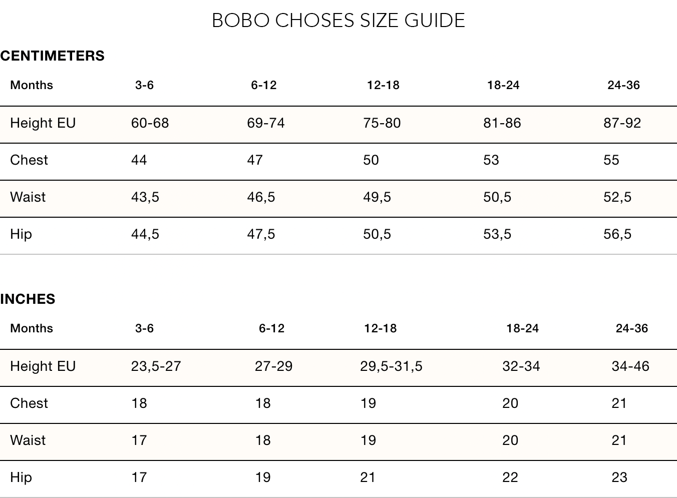 Bobo Choses Baby size guide