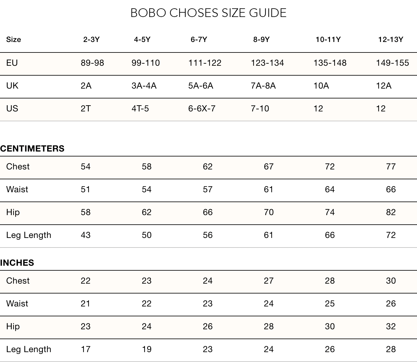 Bobo choses kids size guide