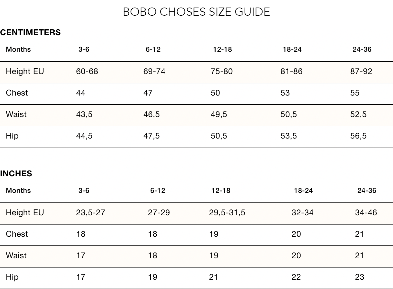 Bobo Choses baby size guide