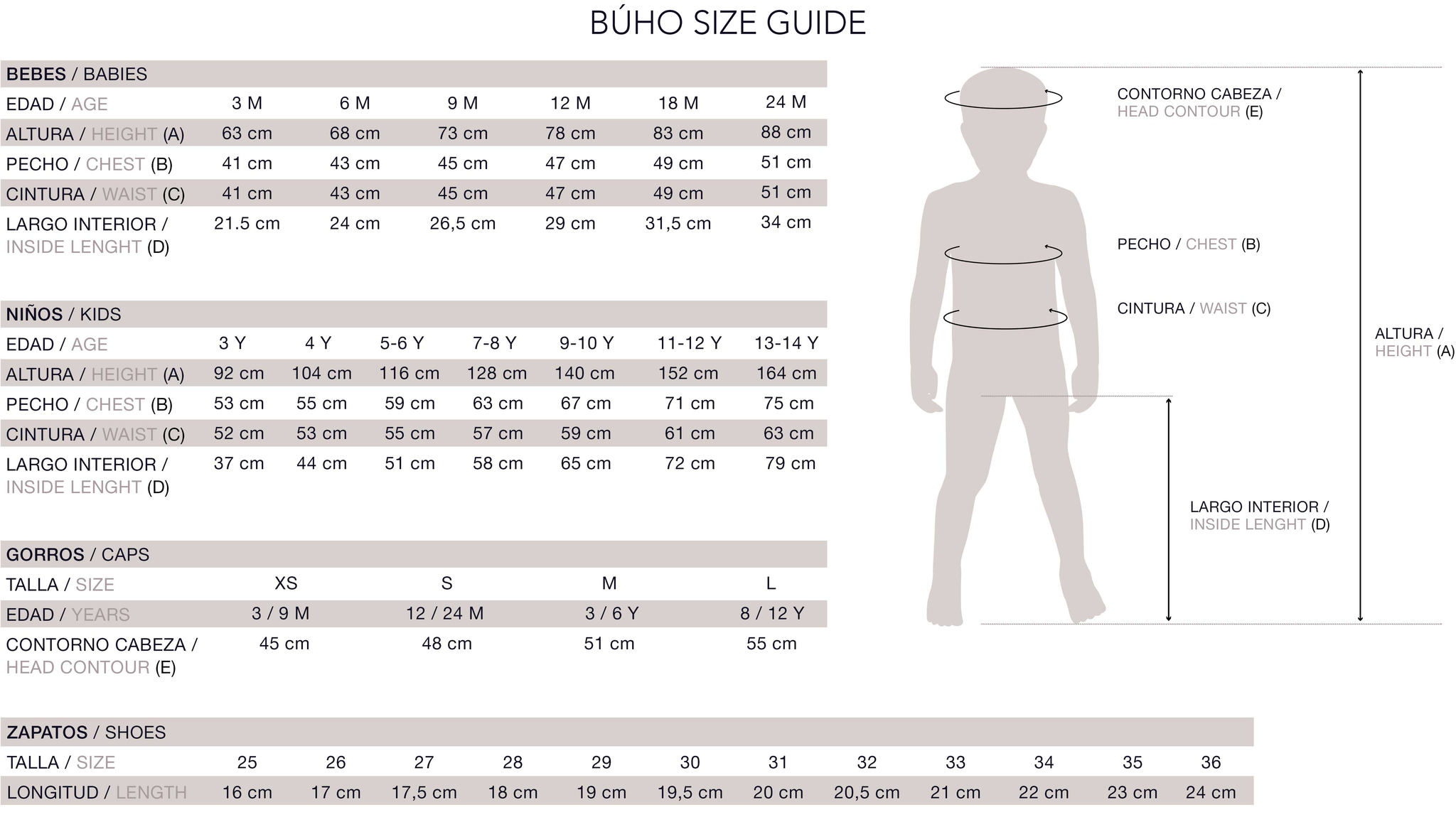 Baby, Toddler, Kid Size Guide Búho