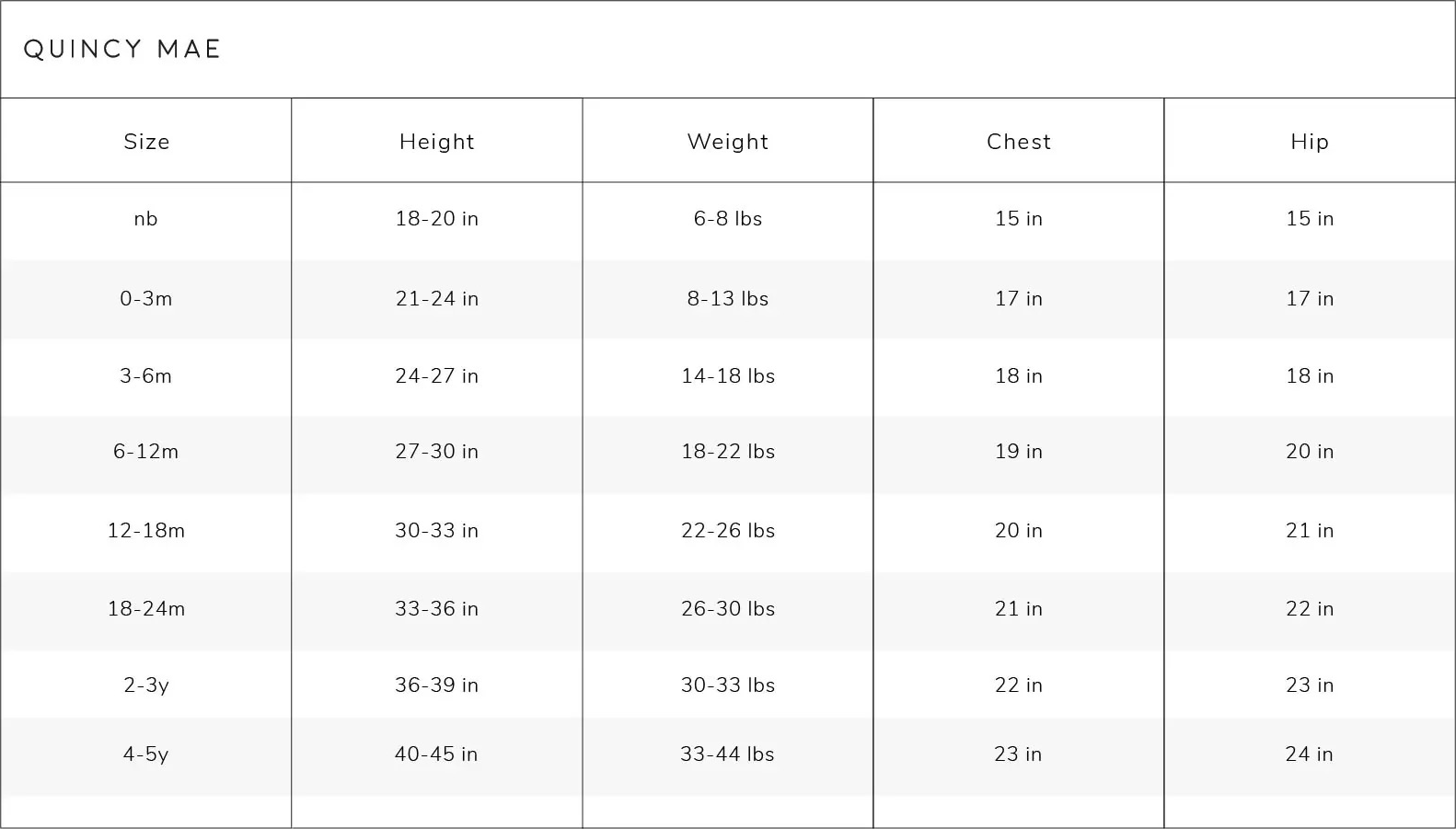 Quincy Mae Sizing Guide