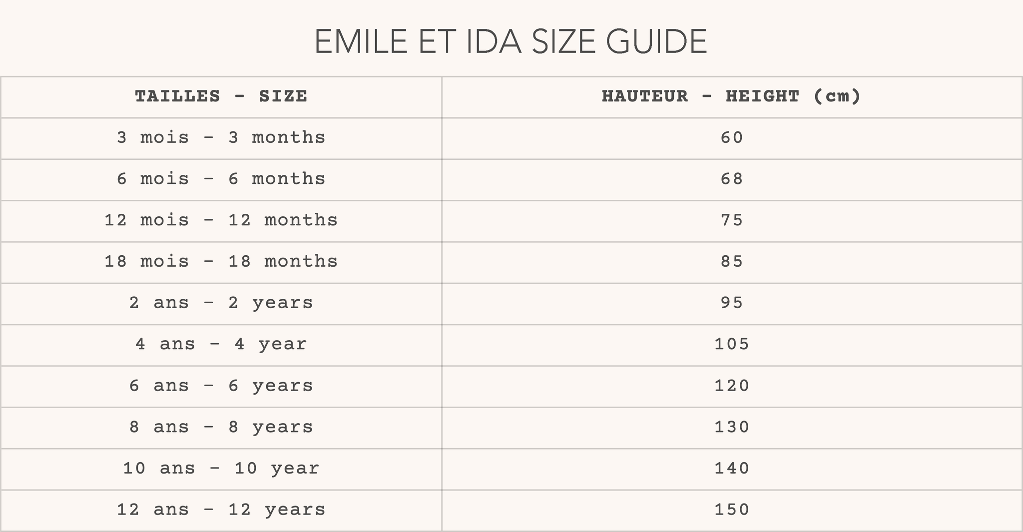 Size Guide Kids Emile et Ida Autumn-Winter 2022