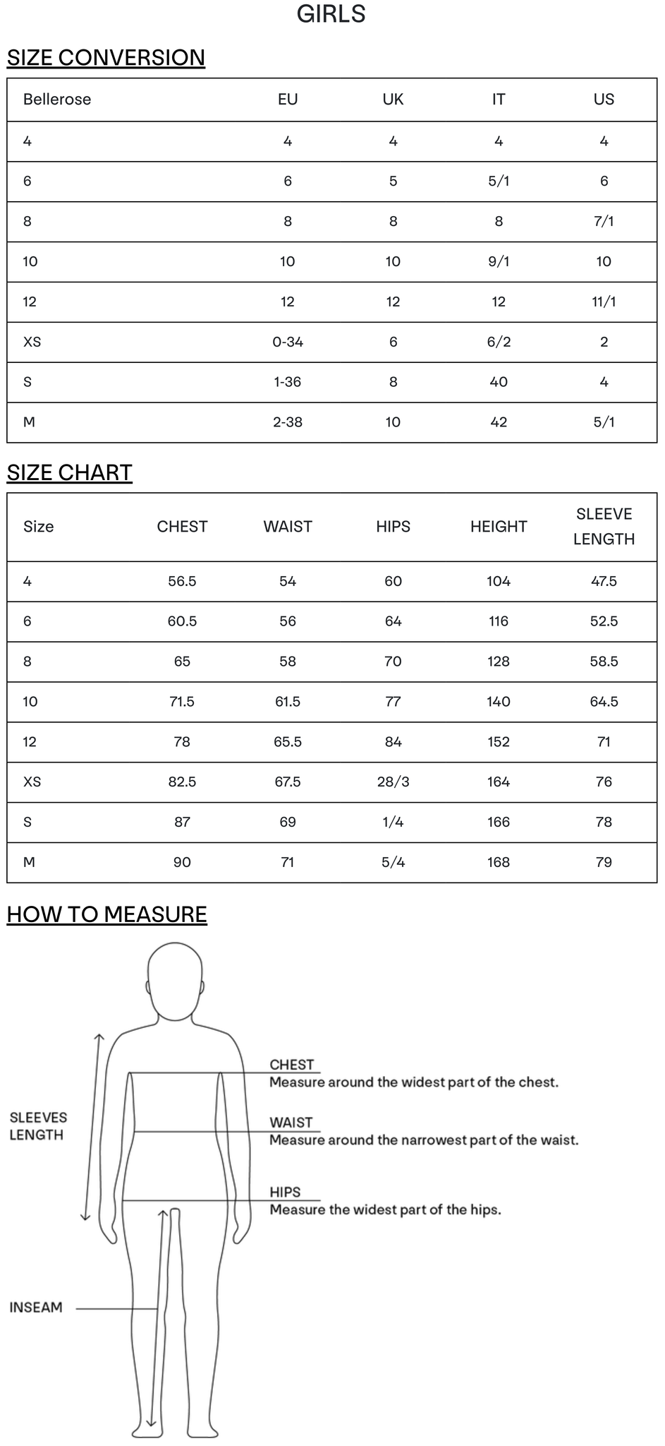 Bellerose Girls Size Guide