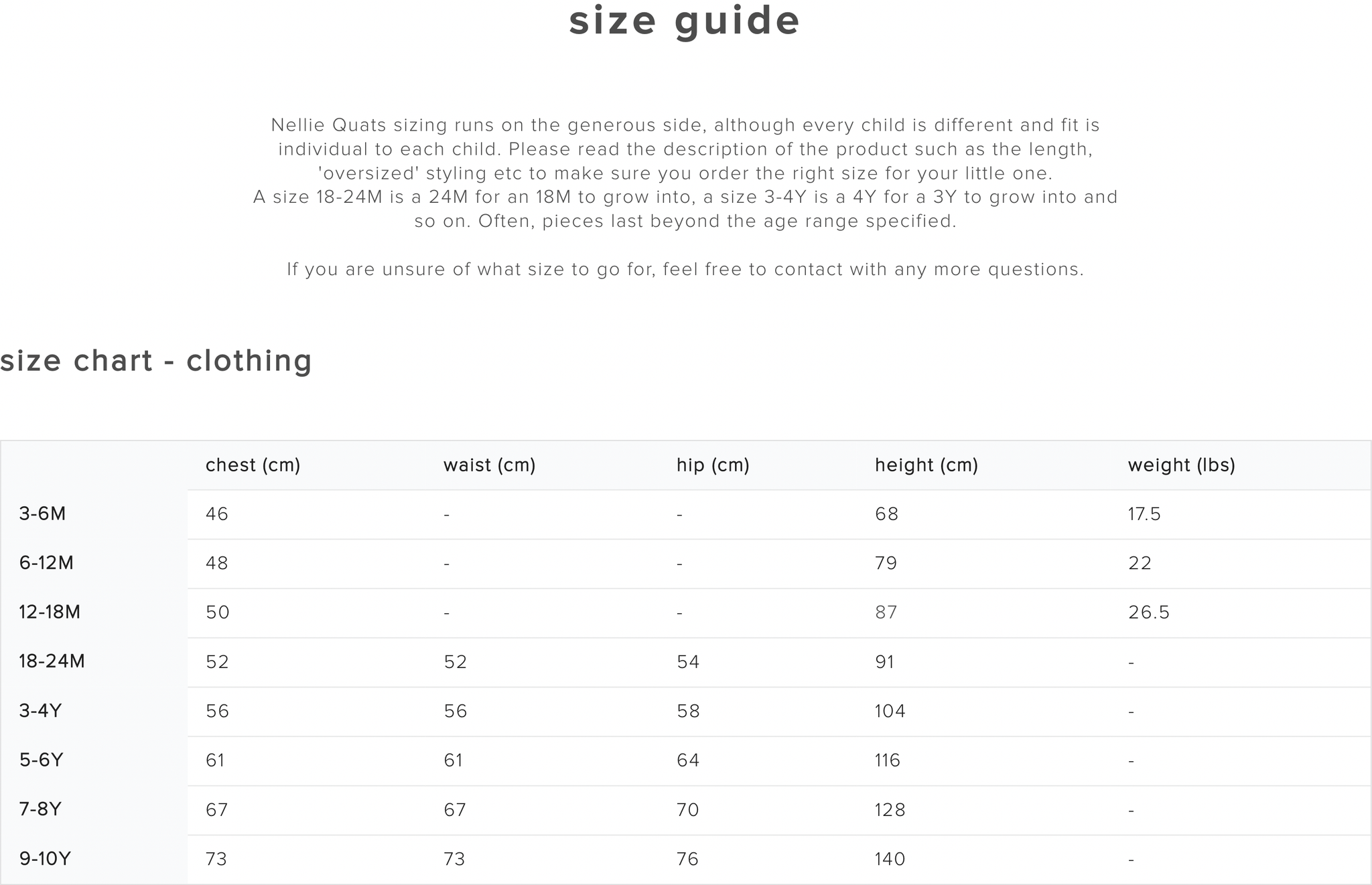 kids size guide nellie quats