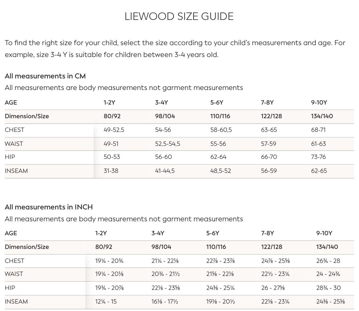 liewood ss23 size guide