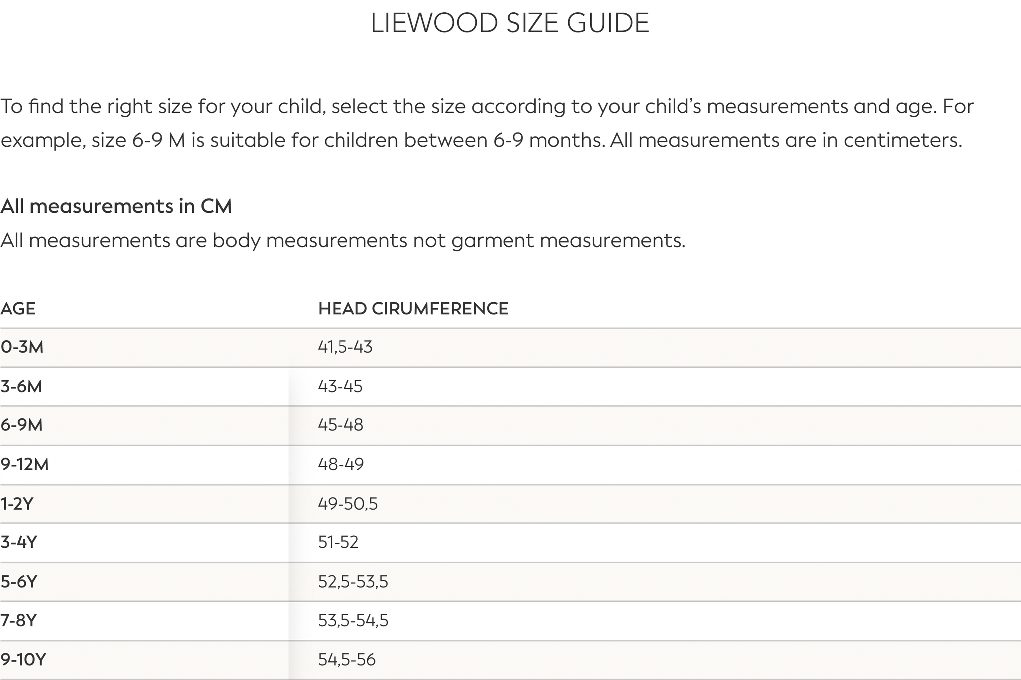 liewood size guide