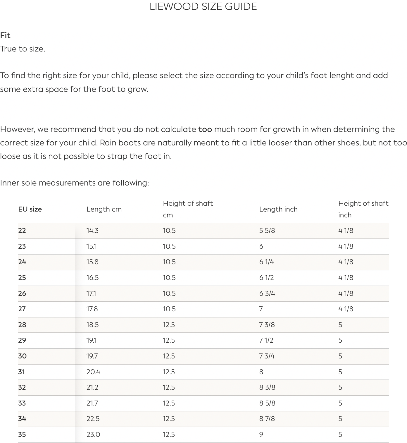 liewood size guide