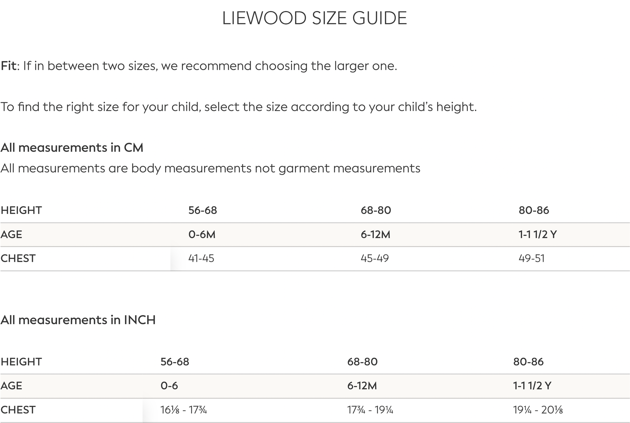 Liewood Size Guide Sleeping Bag