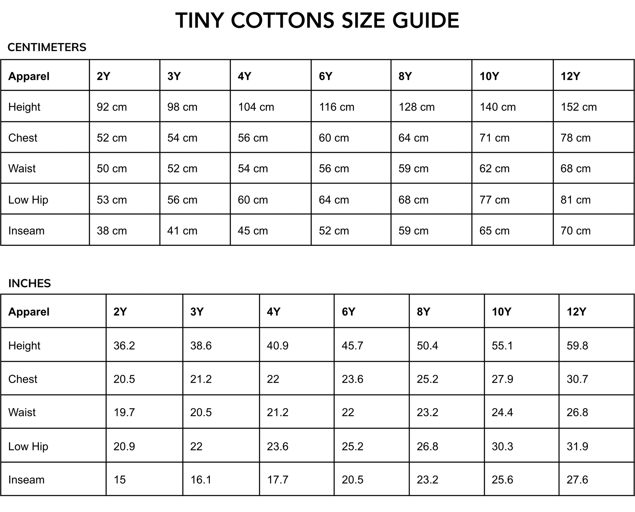 tiny cottons kids size guide