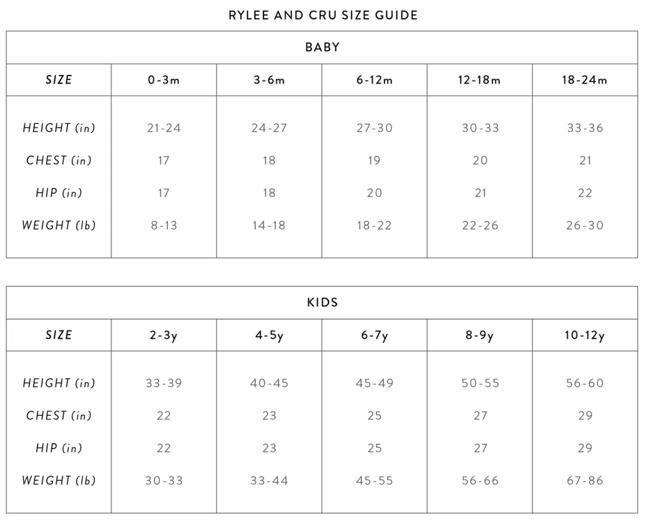 Rylee + Cru Baby & Kids Size Guide