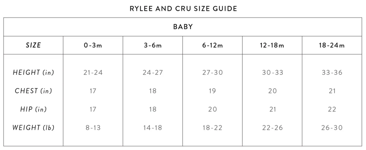 Rylee + Cru Baby Size Guide Autumn-Winter 2022 Collection