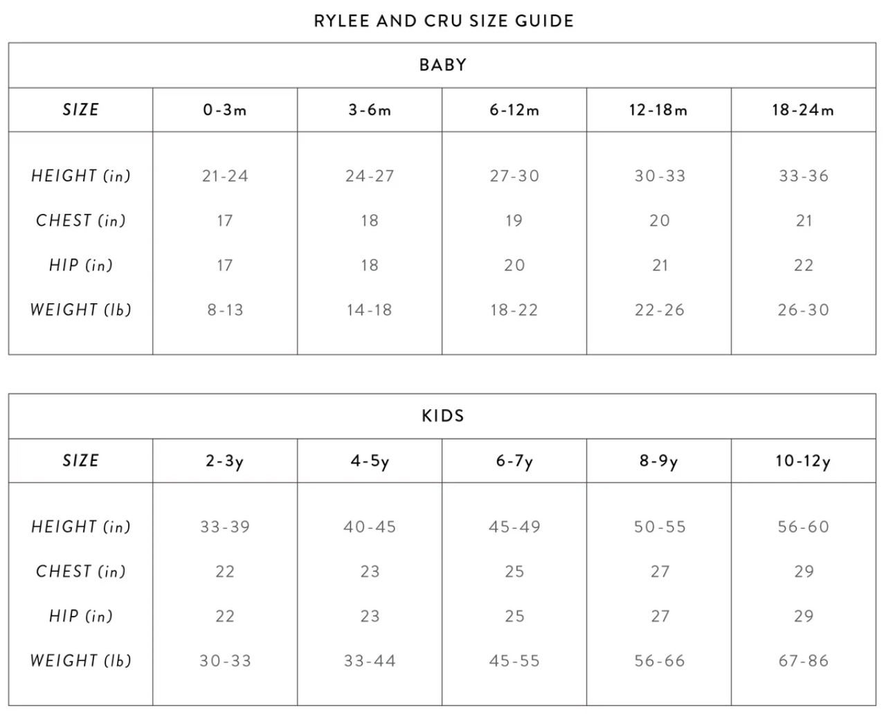 Rylee + Cru Baby and Kids Size Guide Autumn-Winter 2022 Collection