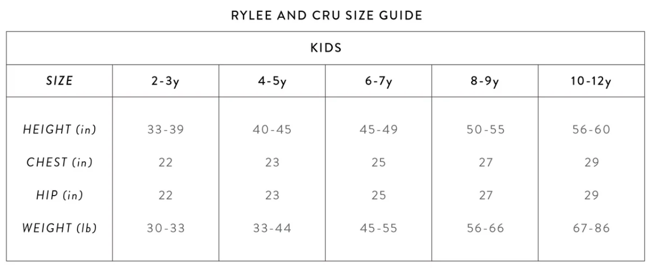 Rylee + Cru Kids Size Guide Autumn-Winter 2022 Collection