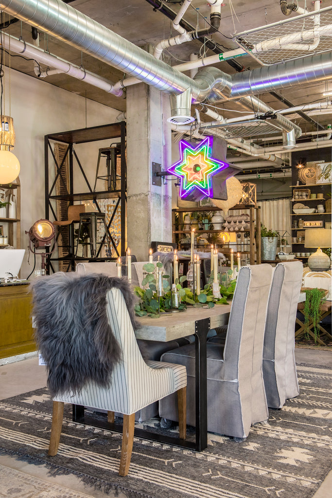 Dining room setting in furniture showroom.