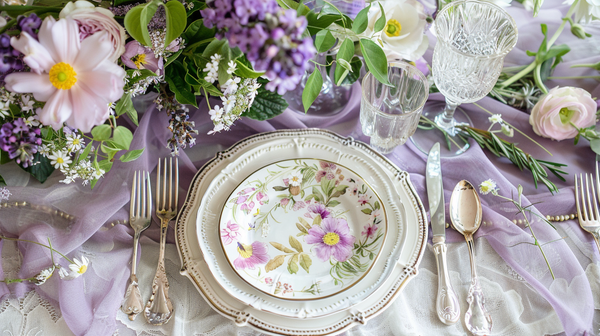 Mother’s Day Decor: Elegant table setting with floral theme, porcelain plate, and silverware