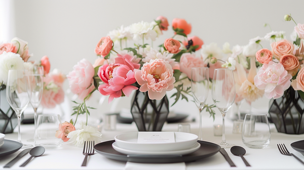Elegant Mother's Day brunch table setting ideas with peony centerpiece.