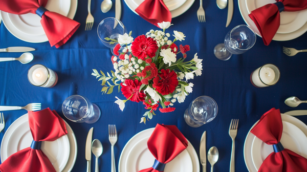 Table Decorations for 4th of July with bold red and navy linens.
